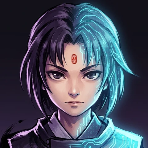 Bainari Jin — an onmyōji whose hair splits between dark ink and glowing cyan circuitry, a red seal mark on the forehead