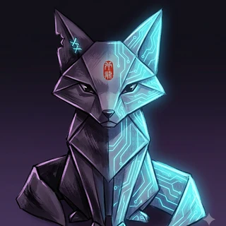 Bitsune — a kitsune shikigami folded from glowing ofuda paper, split between dark ink and cyan circuitry, one ear frayed and mended with light